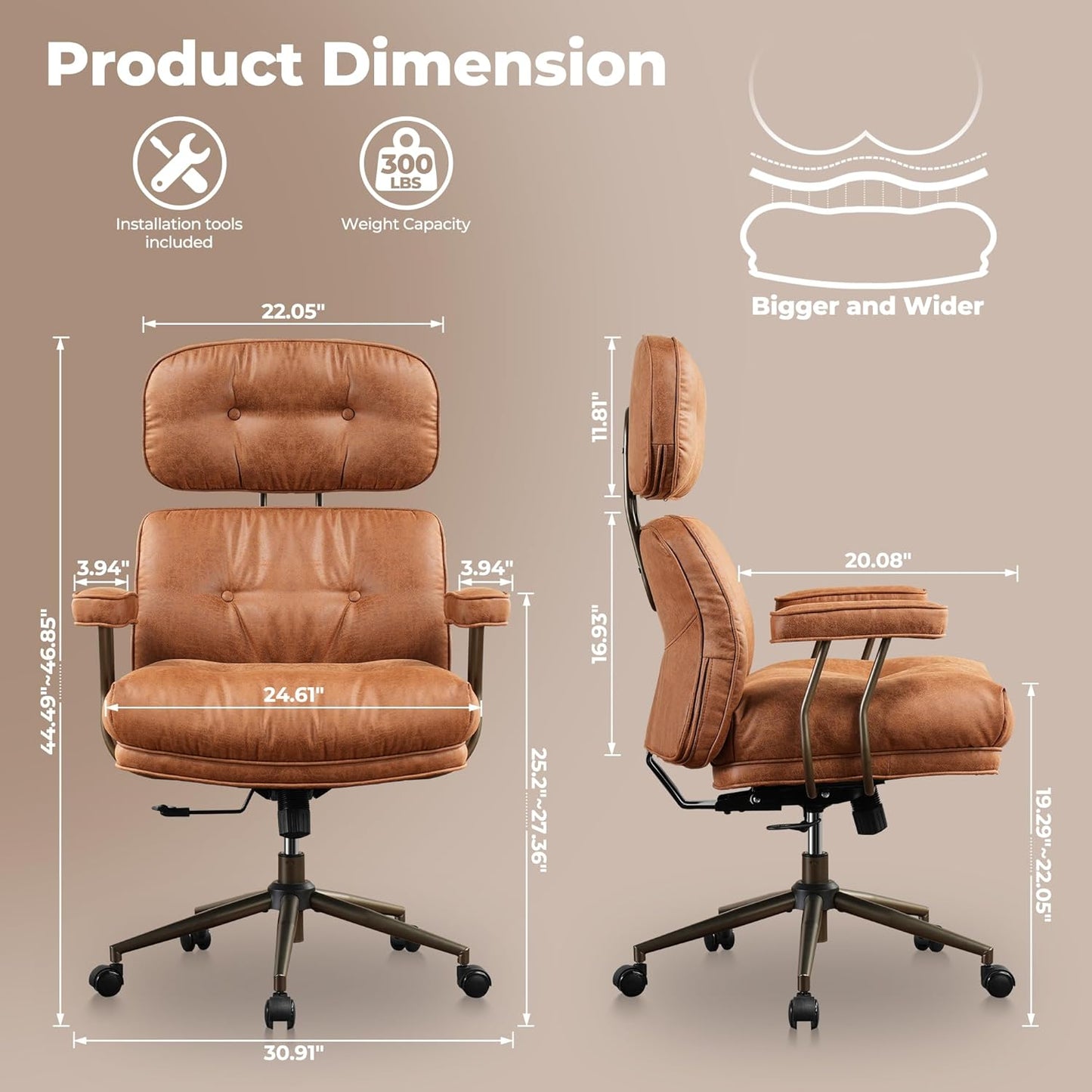 ovios Home Office Chair, Mid-Century Modern Faux PU Leather Chairs with Lumbar Support Comfy Thick Cushion, High Back Ergonomic Swivel Rolling Executive Armchair (Brown, Suede Leather)