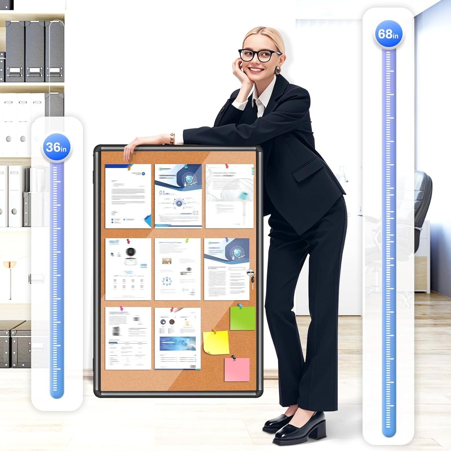 Magula 36"x24" Enclosed Cork Bulletin Board Tamper-Proof Dispaly Case, Black Aluminium Frame, Shatter Resistant Lockable Bulletin Board, Enclosed Cork Board for School, Office,Commercial,Hospital etc