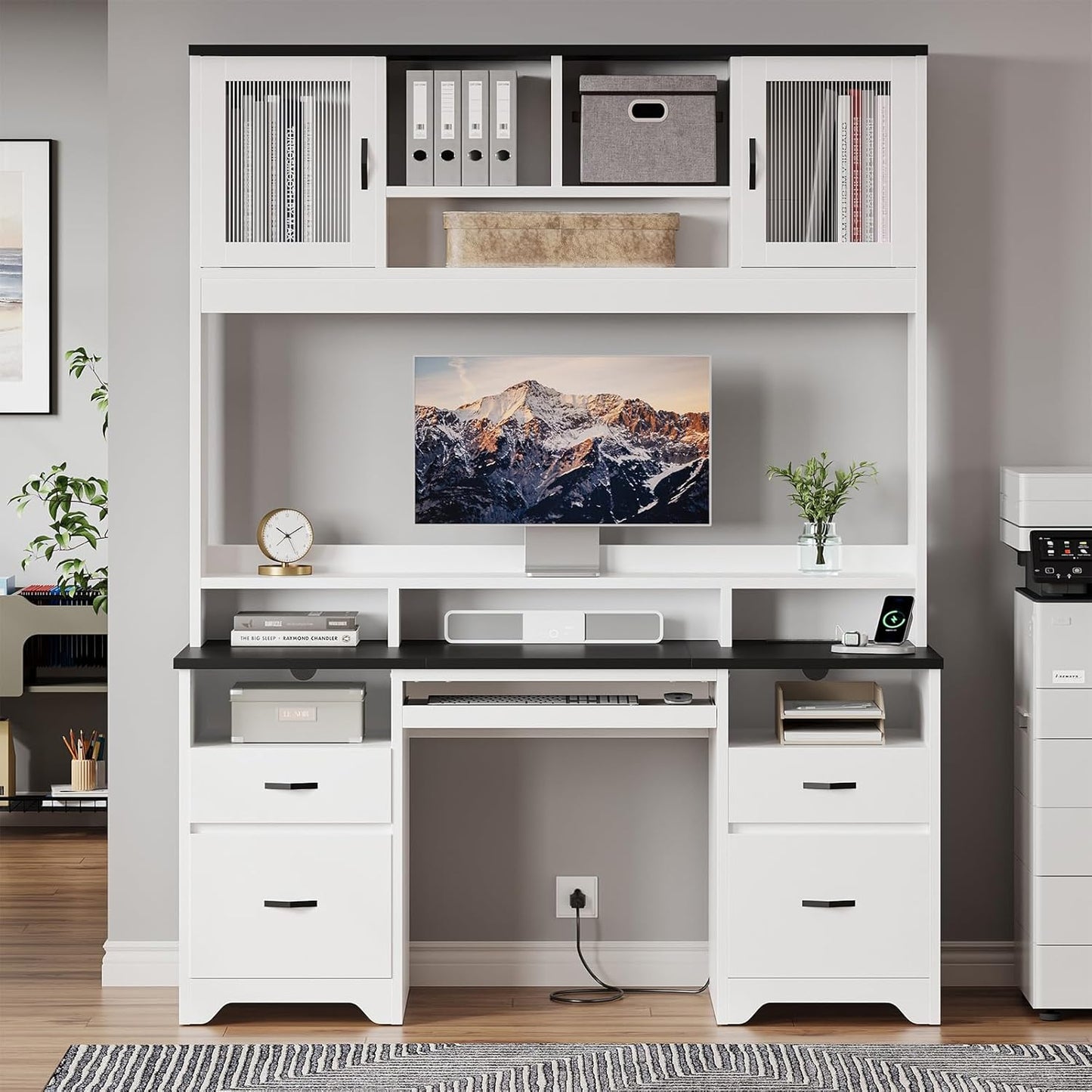 Bestier 77.8" H Executive Desk with Hutch, Modern Wood Computer Desk with Drawers, Charging Station, LED Light, Fluted Storage Cabinet, Keyboard Tray, 59" W Office Desk for Home Office, White