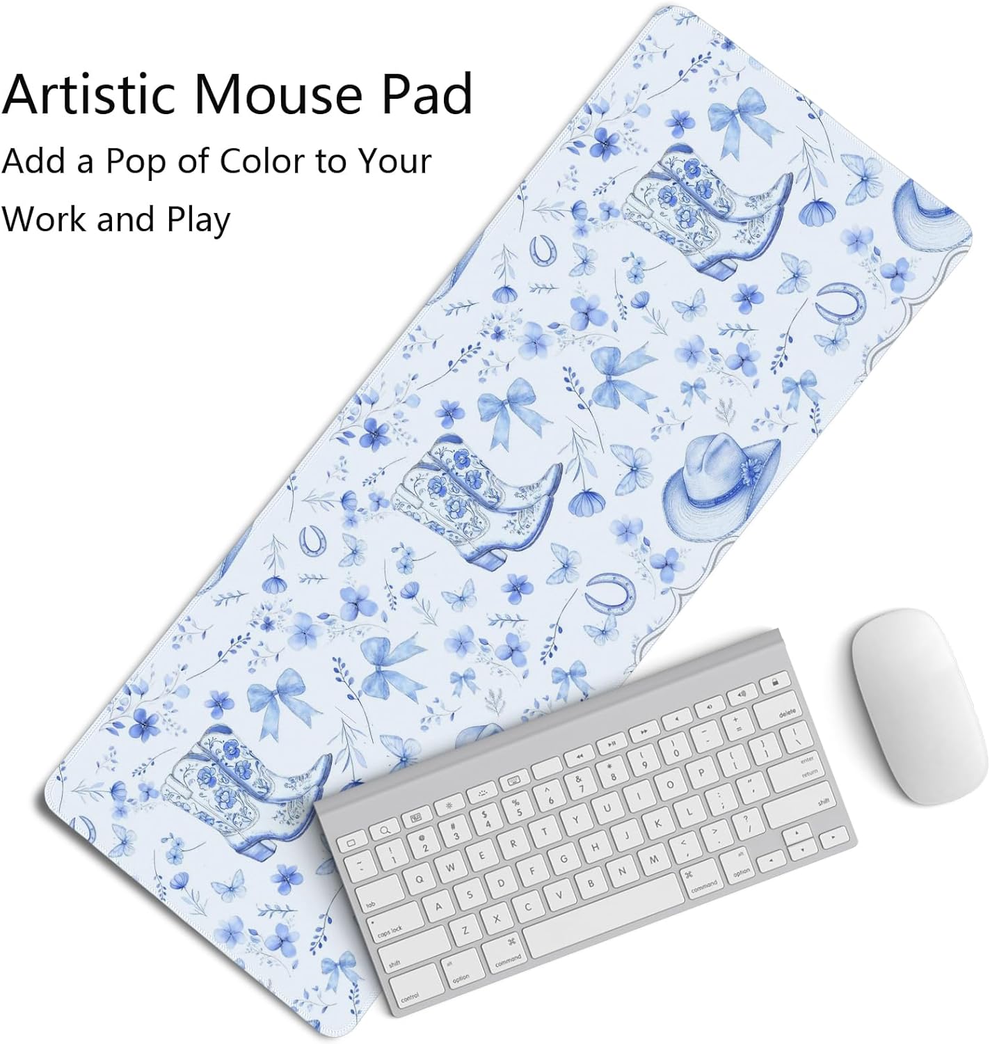 Western Desk Mat,Blue and White Floral Mouse Pad, Blue Chinoiserie Large Mouse Pad, Coquette Girly Cowgirls Desk Mat for Dorm Western Office Decor, 31.5x11.8 Inch