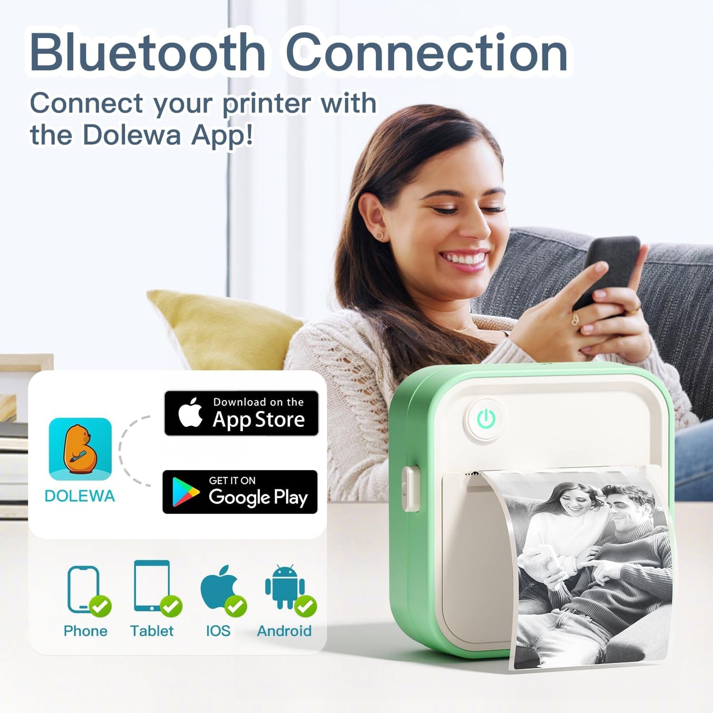 Label Maker Machine, HD Mini Sticker Printer with 7 Rolls Paper, Portable Thermal Print Pod Supports 12-57mm Papers, Bluetooth Pocket Printer for Home, Kitchen, School (Green)