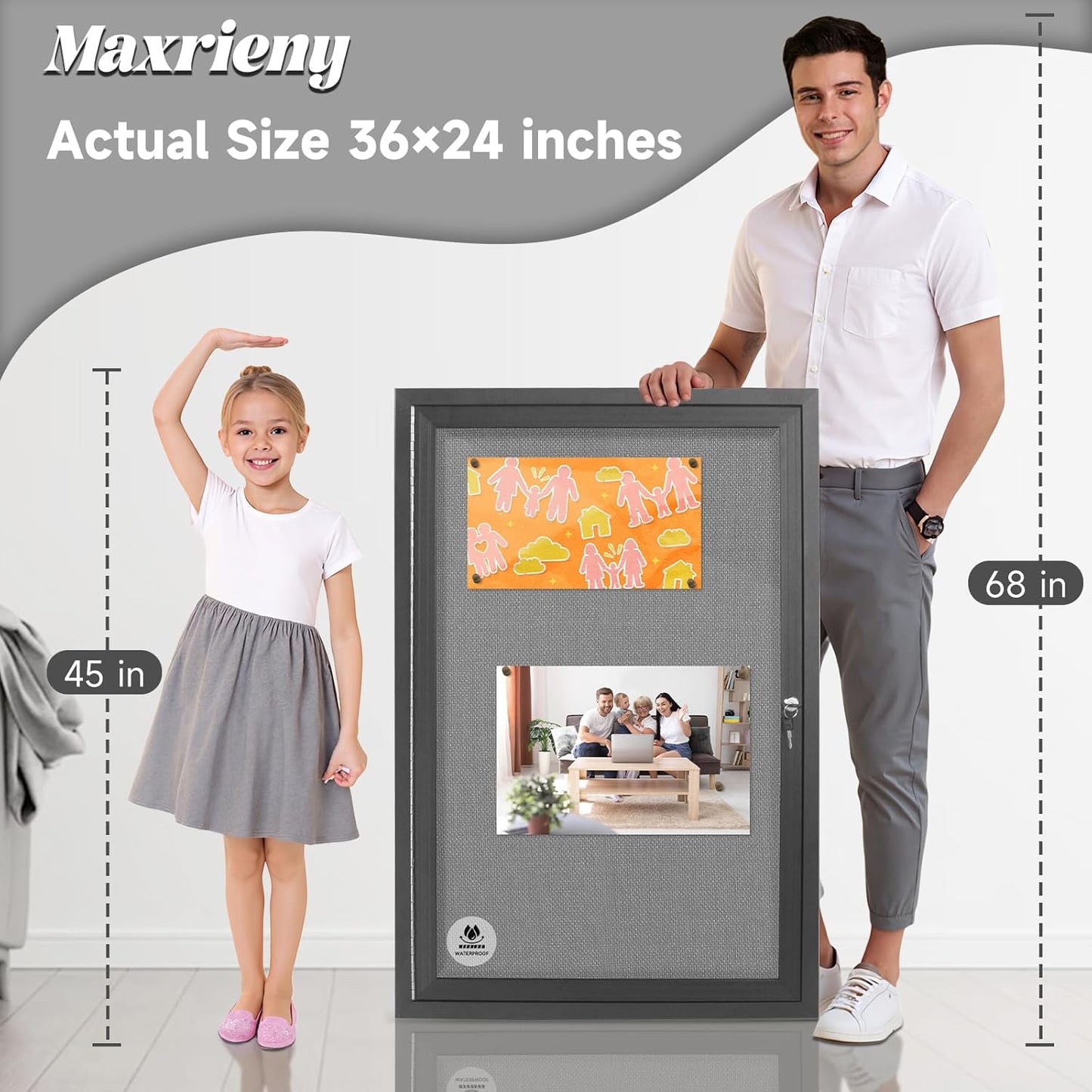 Outdoor Weatherproof Enclosed Fabric Bulletin Board,Noticeboard Case with Lockable Glass Door, Grey Felt,Black Aluminum Frame, 36x24 Inch (5xA4)