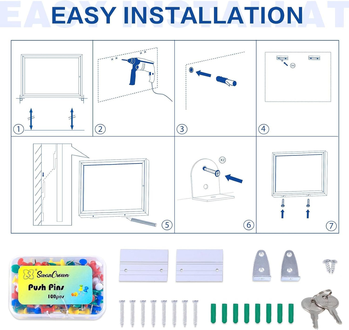 SWANCROWN Enclosed Bulletin Board Weatherproof 37x28in, Outdoor Lockable Bulletin Board Wall Display Case for Office School Commerce, Black Felt, Sliver Aluminum Frame (8xA4)