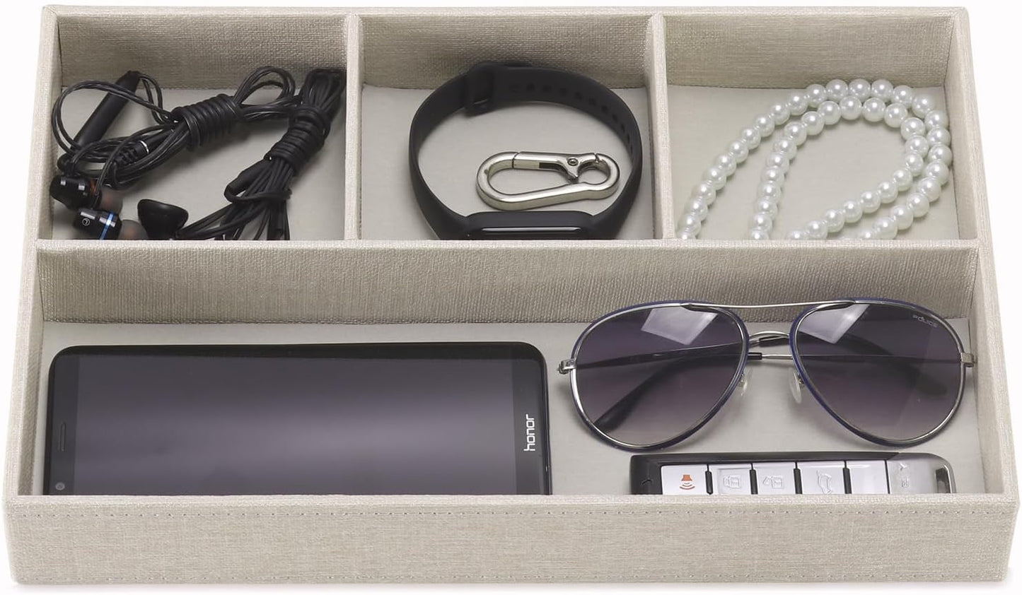 Desktop PU Leather Storage Rack, Proxy Parking tray, Dressing table Desktop Organizer, with 4 Compartments for Placing Mobile Phones, Remote controls, Cosmetics, Watches, and other Decorative trays.