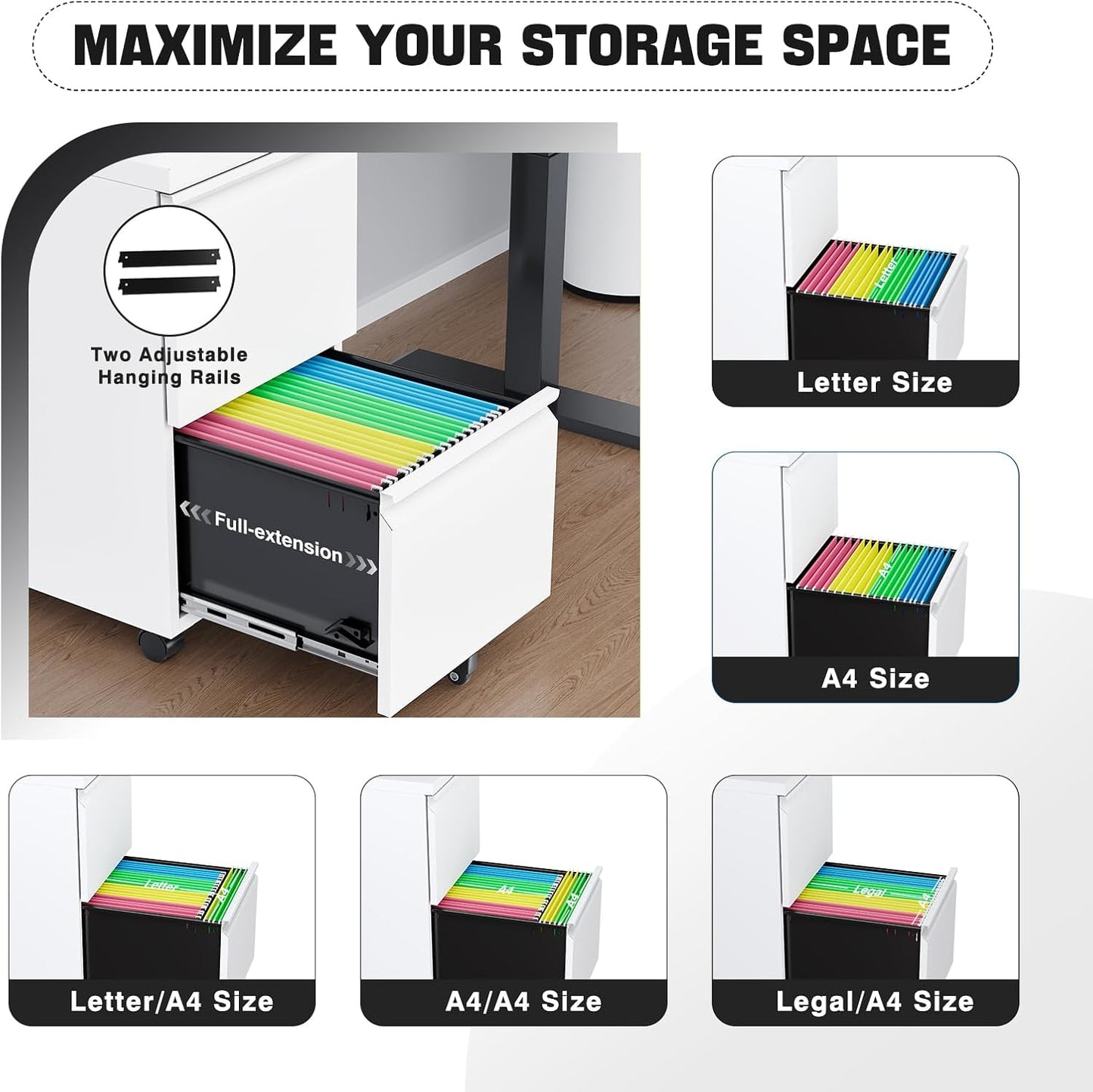 Mobile File Cabinet with Lock Steel Small Rolling 2 Drawer File Cabinet Legal/Letter/A4 Size Under Desk Metal Filing Cabinet for Home Office Vertical Filing Cabinet Printer Stand Assembly Required