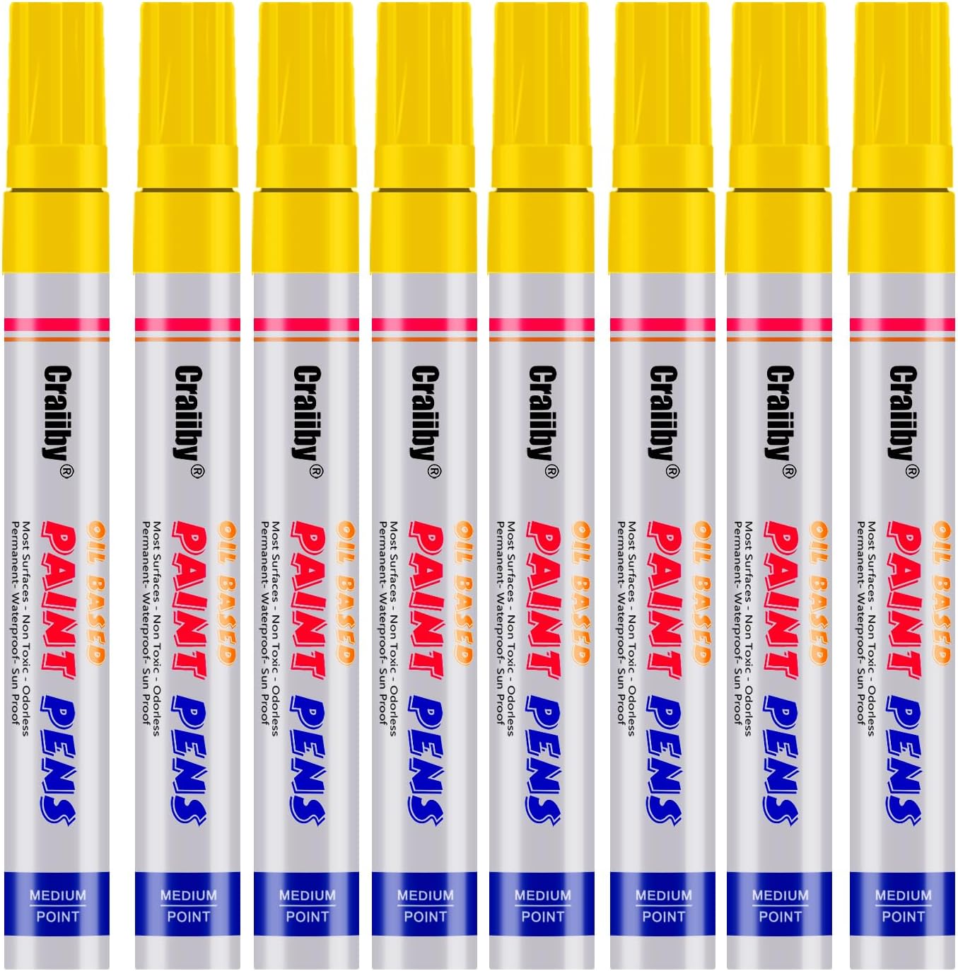 Yellow Paint Markers, 8 Pack Oil-Based Waterproof Quick Dry Permanent Paint Pen Set for Rocks Painting, Wood, Fabric, Plastic, Canvas, Glass, Mugs, Metal, Tire, Stone, DIY Craft