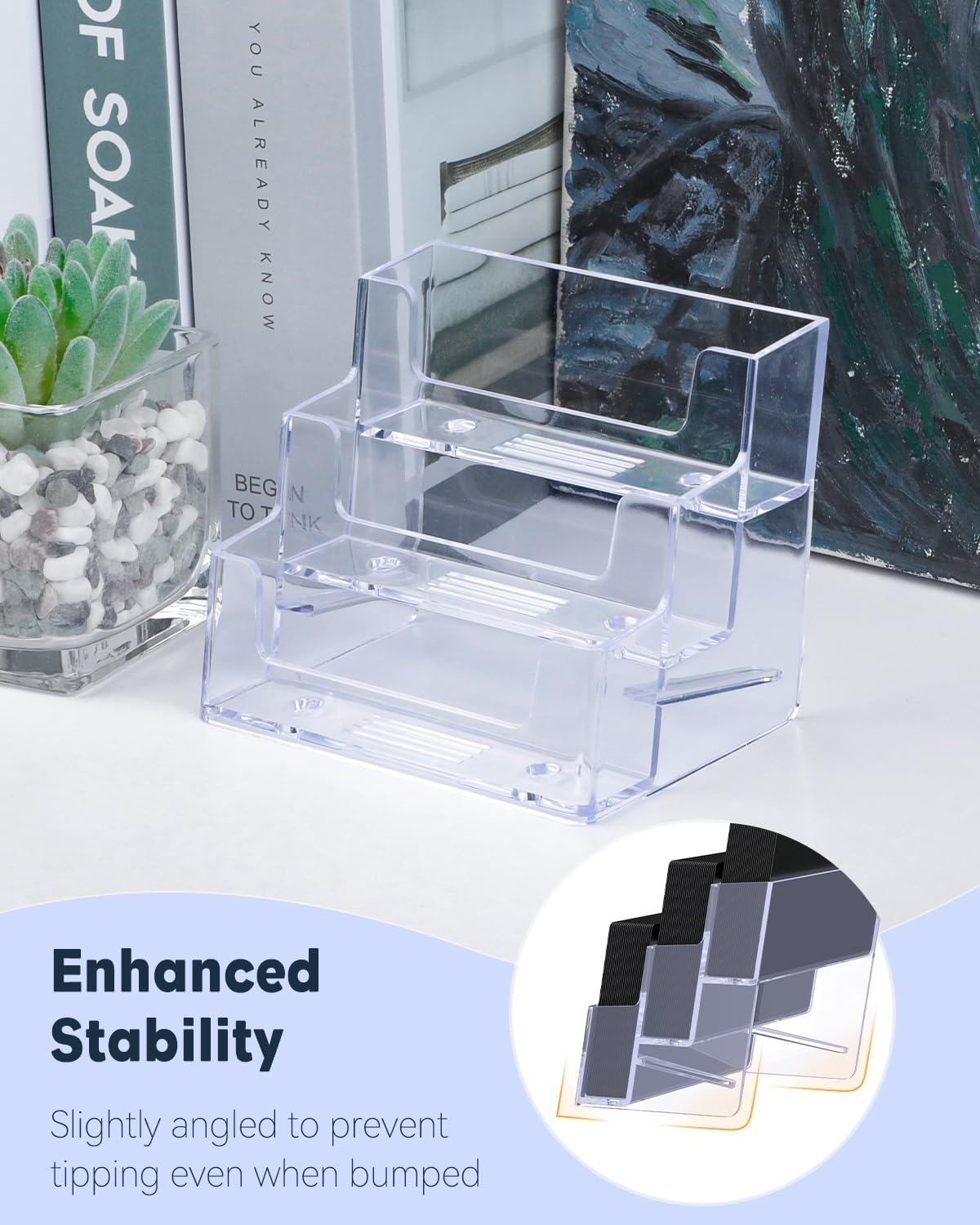Uniclife 2 Pack Acrylic Business Card Holder for Desk 3 Slots Clear Business Card Display Stand for Men & Women Desktop Business Card Organizer Card Stand for Office Home Exhibition, 180 Card Capacity