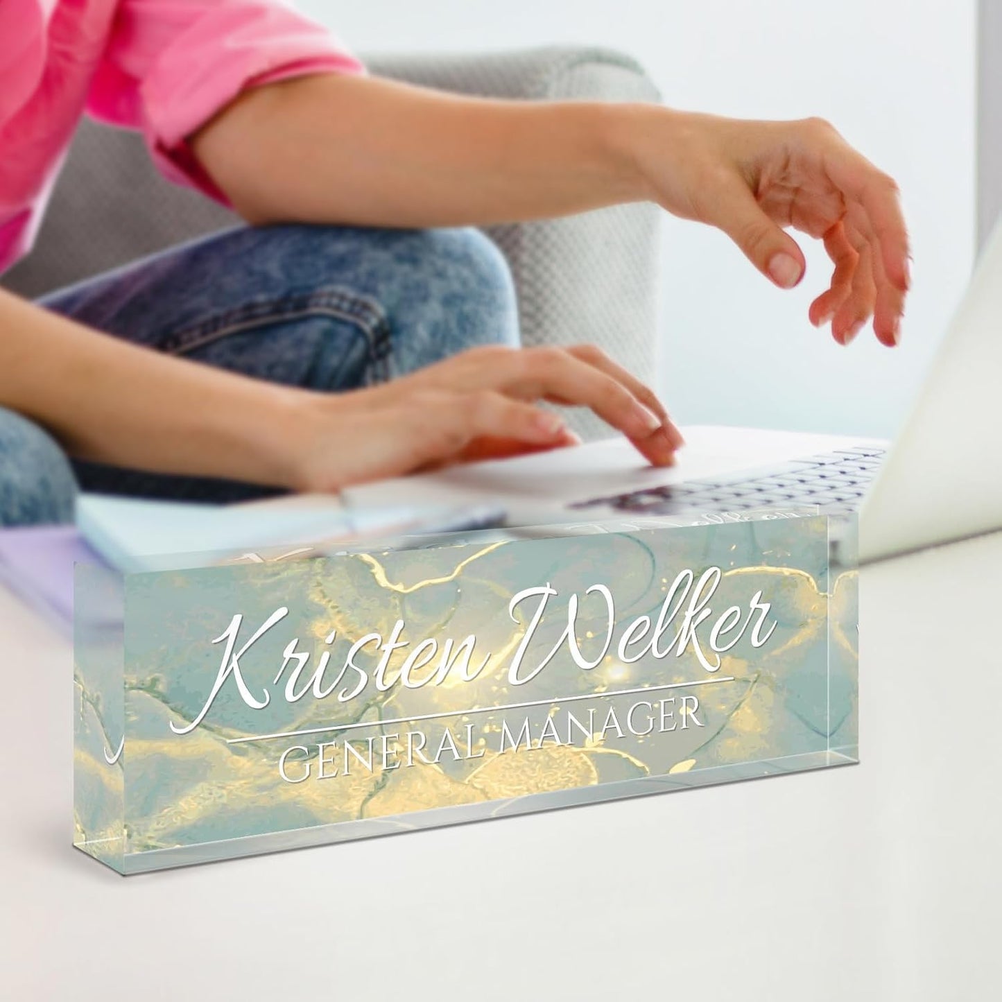 Name Plate for Desk, Desk Name Plate Personalized, Office Decor for Women Men, Acrylic Desktop Accessories, Office Appreciation Gifts for Boss Social Workers Employee Nurse Teacher (Deep Sea)