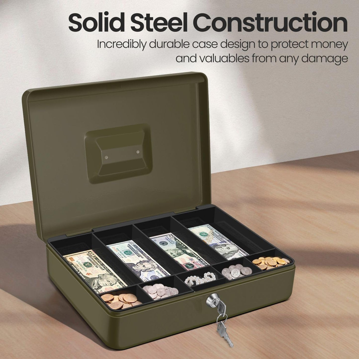 Flexzion Cash Box with Money Tray and Lock - Metal Cash Box for Small Businesses, 9-Compartment Green Money Box with Removable Tray and Key, Portable Storage for Checks and Coins