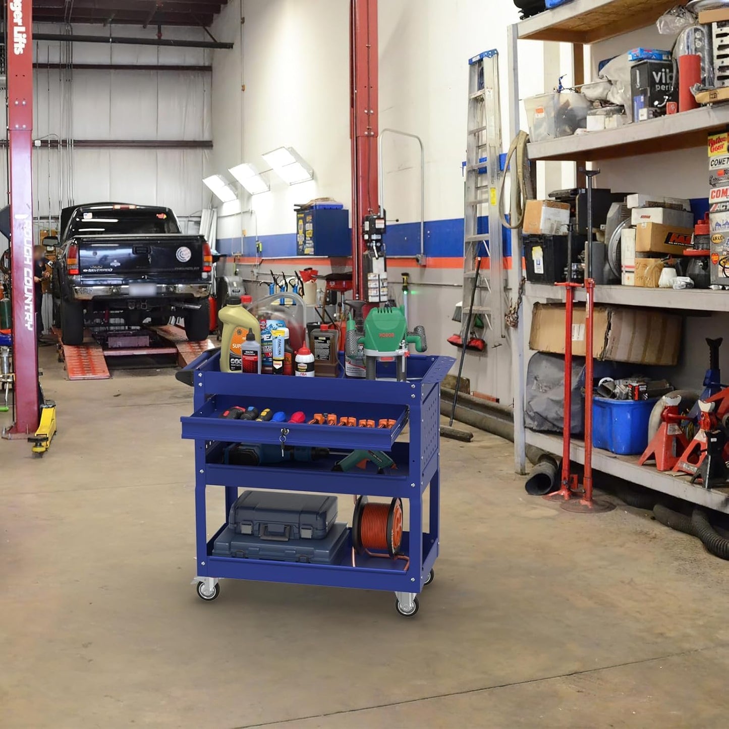 3 Tray Rolling Tool Cart, 400 LBS Capacity Mechanic Tool Carts on Wheels, Heavy Duty Utility Cart with Drawers, Metal Work Cart for Garage, Warehouse and Repair Shop, Blue