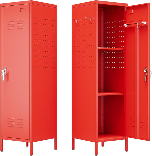 Metal Storage Locker with Pegboard and Hooks,Metal Locker for Employees with Handle and Hanging Rod for Gym, School, Office,Home,Garage,Assembly Required,Red