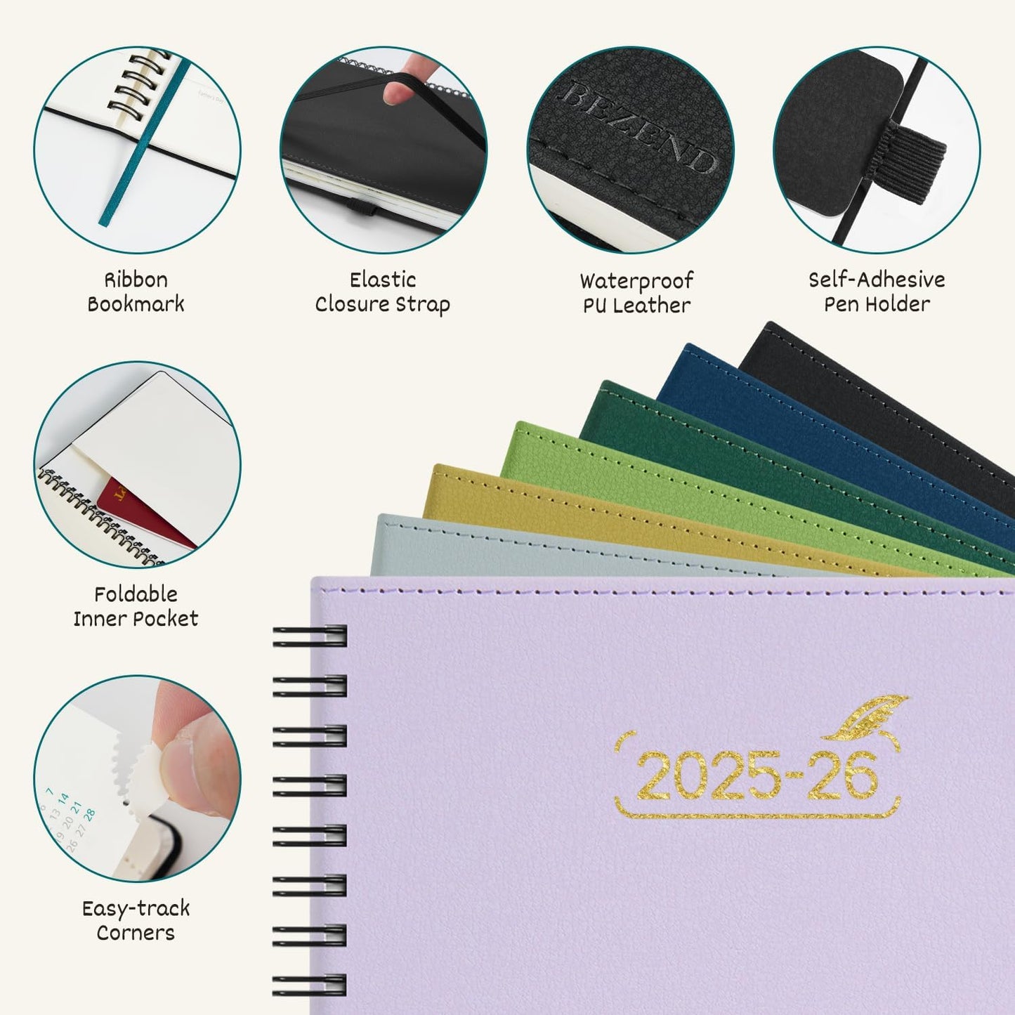 BEZEND Pocket Planner 2025-2026 Weekly with 2 Columns, 18-Month Academic Calendar (Jul 25-Dec 26), Life Work App., Storage Pocket, Pen Holder, PU Leather Softcover 3.5" x 6" Spiral - Mustard