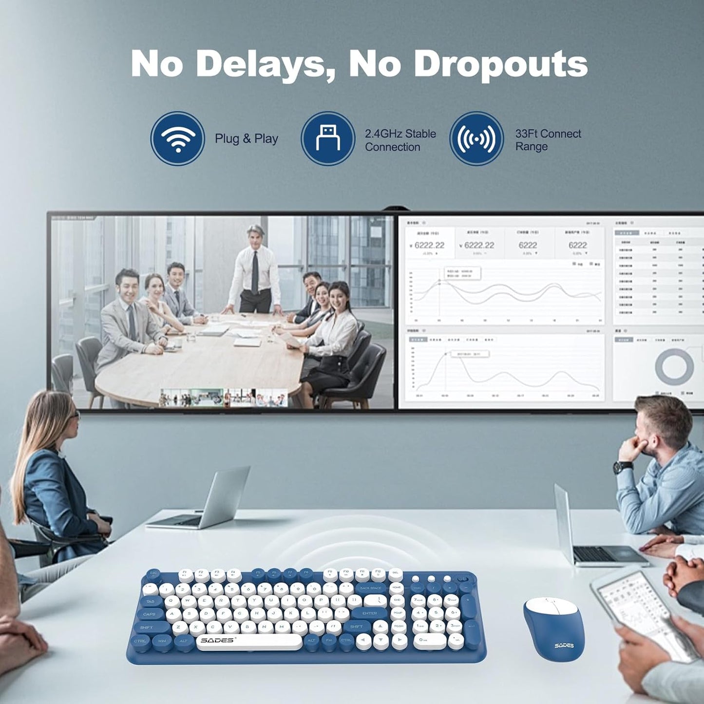 Wireless Keyboard and Mouse Combo,Retro Typewrite Keyboard and Mouse with Round Keypads,Hand-Friendly Keyboard and Mouse Wireless for Windows Laptop PC,Home Office Keyboard, White Blue