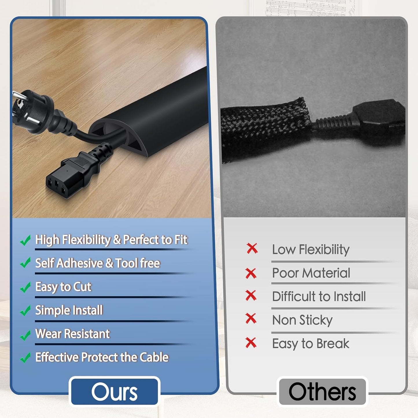 Floor Cord Cover for Wires on Floor Self Adhesive Cord Hider Floor Cable Management Wire Covers for Cords Protector Prevent Cable Trips Cord Cavity W 0.51" x H 0.31", Black, 3.3Ft