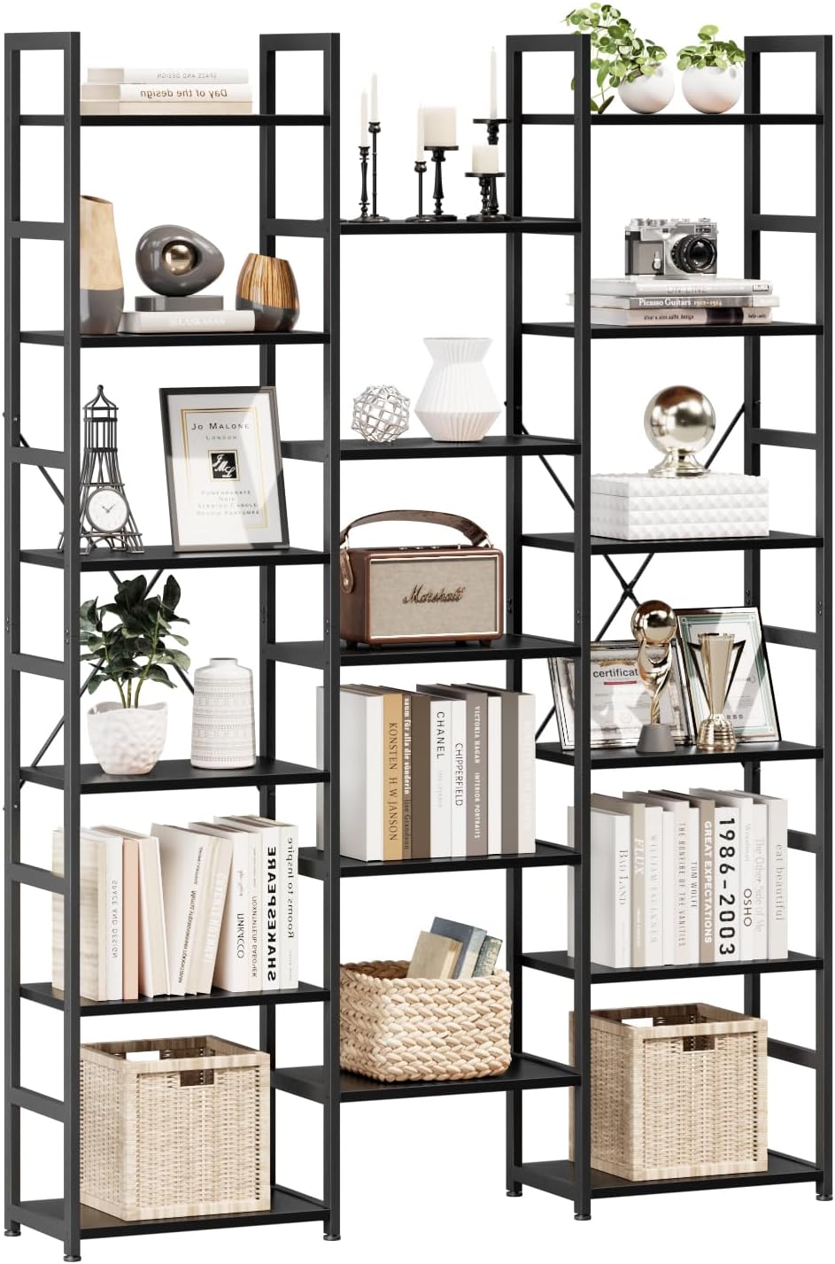 NUMENN Triple Column 6 Tier Bookshelf, Bookcase with 17 Open Display Shelves, Adjustable Rustic Industrial Style Book Shelves, Modern Bookshelves for Bedroom, Living Room and Home Office, Black