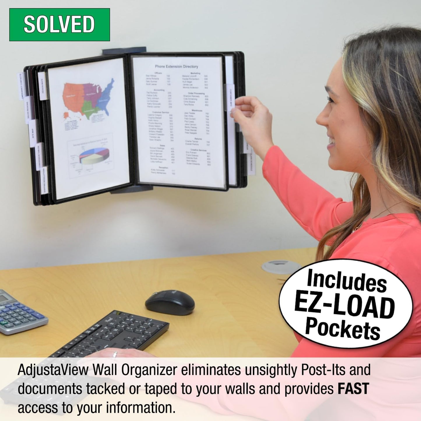 Ultimate Office AdjustaView 10-Pocket Wall Reference Organizer with Easy-Load Pockets and Mounting Screws, Black Pockets