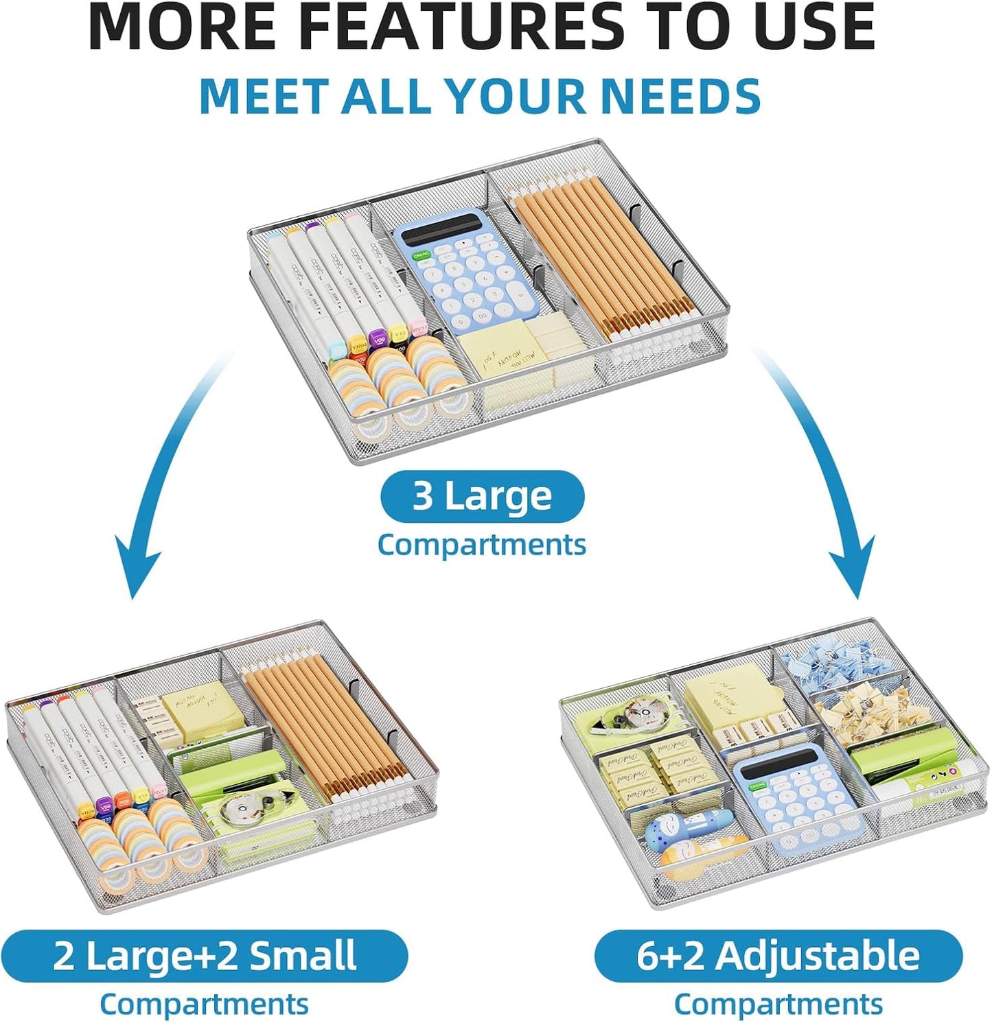 Marbrasse Desk Drawer Organizer, Metal Mesh Drawer Organizer Tray with 5 Adjustable Compartments,Desk Organizers and Accessories for Home,Office,Kitchen,Makeup,Vanity (Silver)