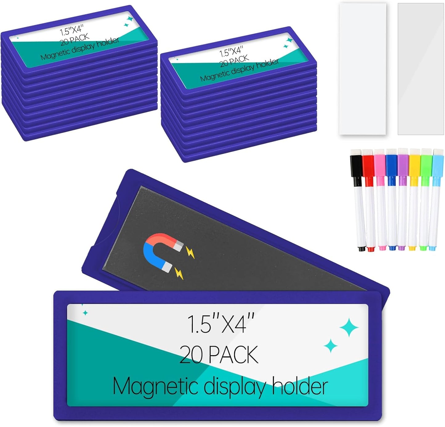 20Pcs Magnetic Plastic Label Holder 1.5x4 inch for Supermarket Store Price Tag Metal Shelf File Storage Cabinet Drawer Label Tag Resuable with 8 Color Chalk Makers, 20Pcs White Paper (Blue)
