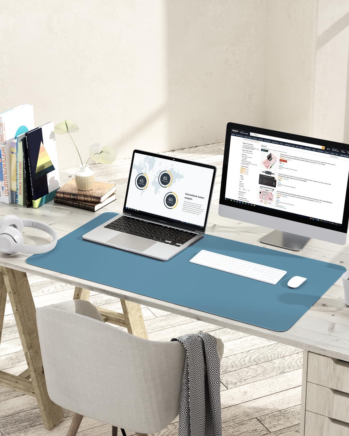 YSAGi Non-Slip Leather Desk Pad L Size, Waterproof Laptop Computer Desk Keyboard Mat, Table Protector Blotter Mat, Large Mouse Pad for Office/Work/Home/Decor(Blue, 35.4" x 17")