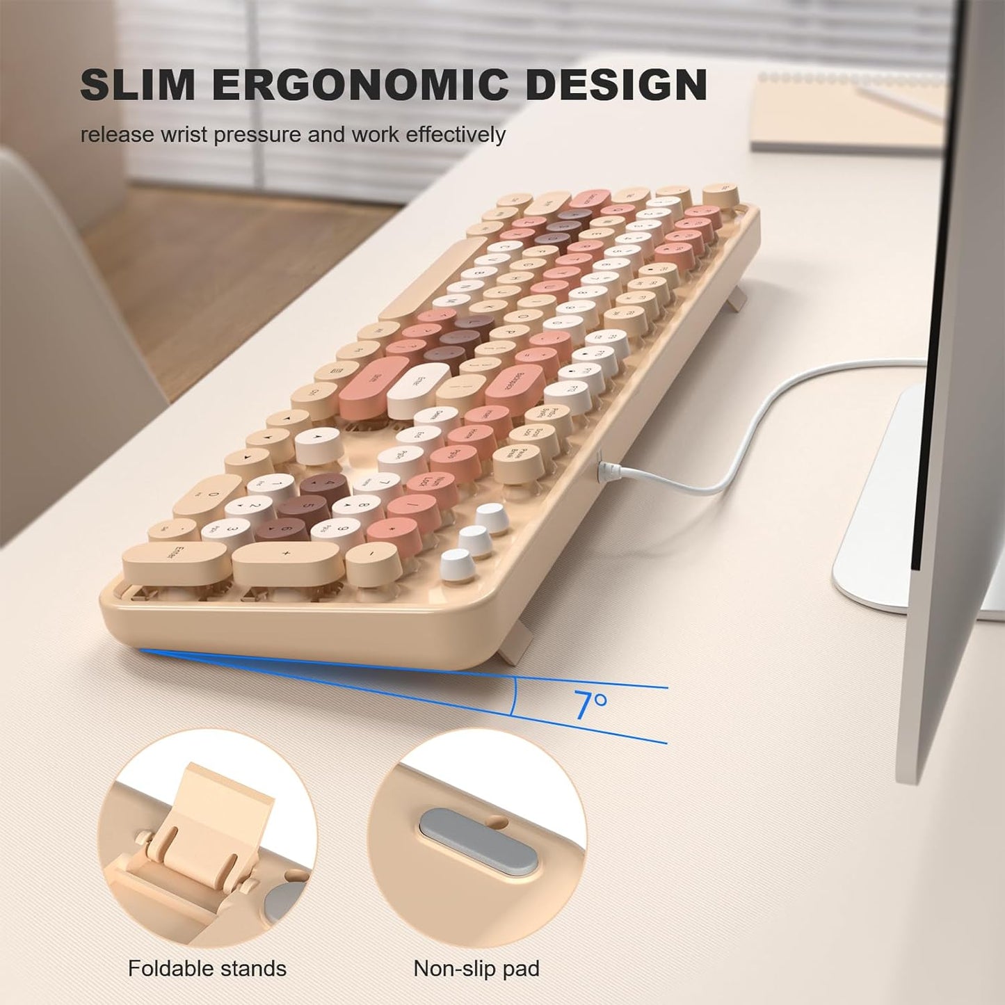 MOFII Wired Keyboard, Full Size USB Keyboard Plug Play, Colorful Retro Round Typewriter Keyboard with Foldable Stands for Windows PC Laptop (Milk Tea Colorful)