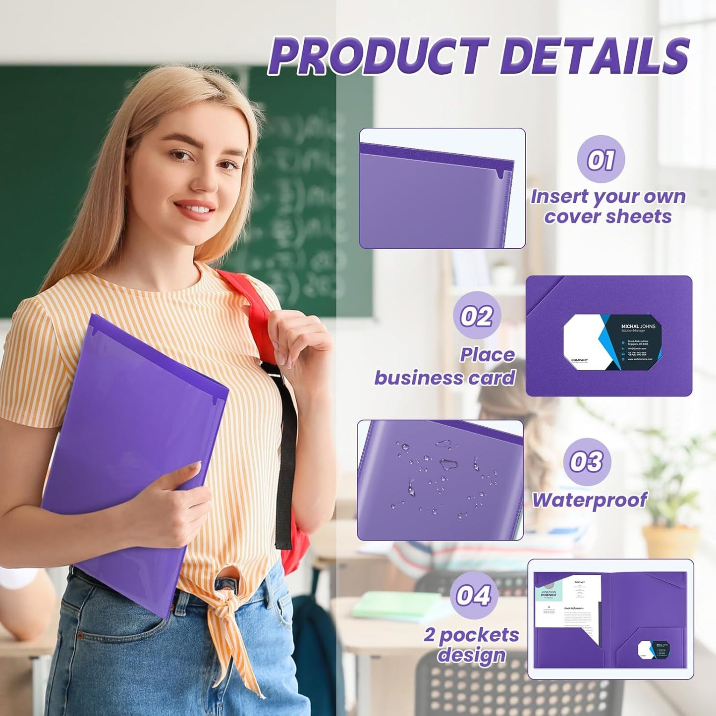 Henoyso 100 Pcs Plastic Folders with Clear Front Pockets Bulk Heavy Duty File Folders with 2 Pockets and Card Slot for Student Teacher Back to School Supplies Office Presentation (Purple)