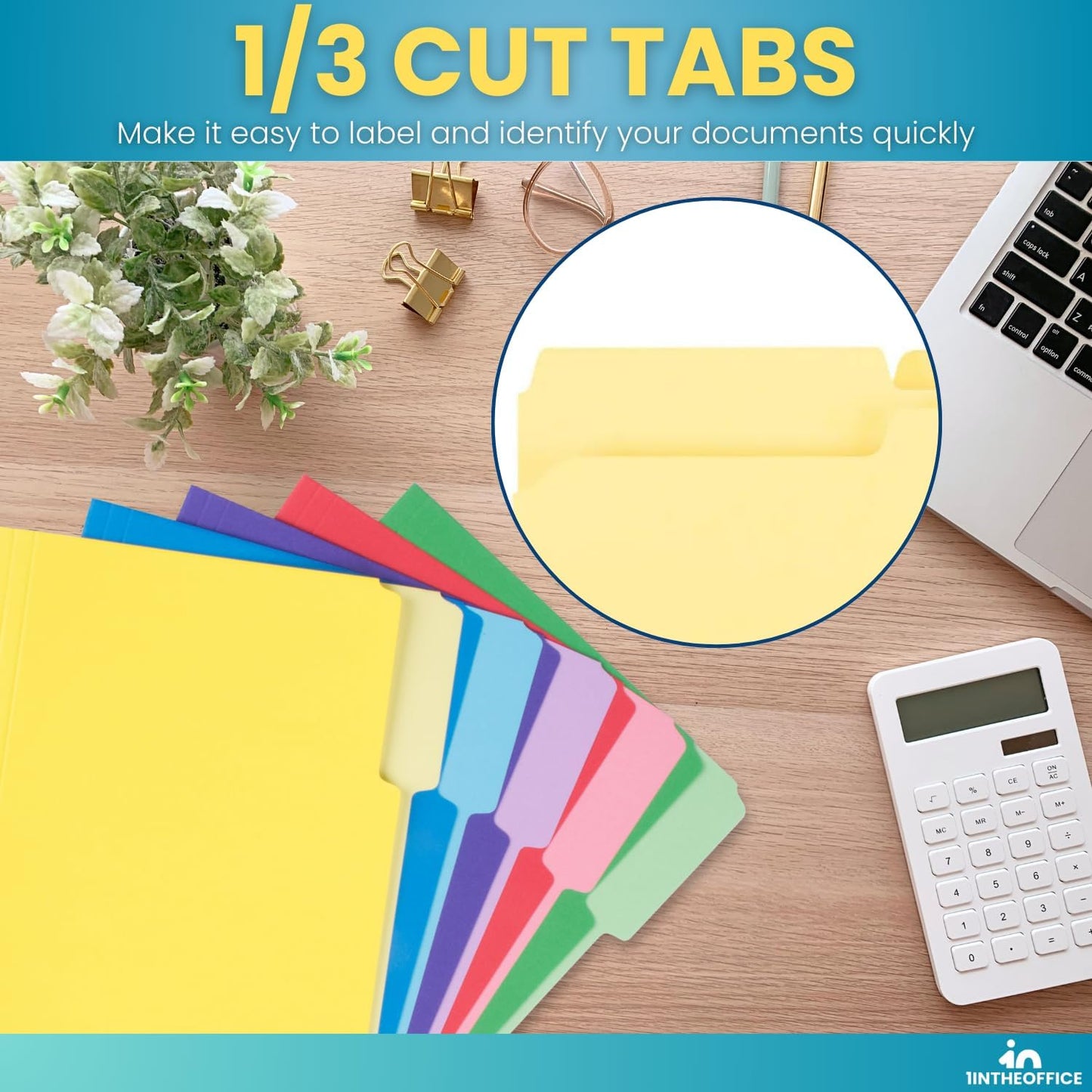 1InTheOffice Colored File Folders Letter Size, 1/3 Cut Tab, Assorted Colors, 100 Pack
