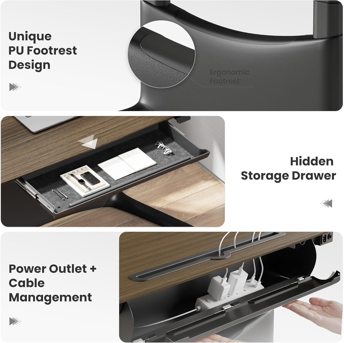 COLAMY Electric Standing Desk, Whole-Piece Gaming Desk with Dual Motors, Ergonomic Footrest, Drawers for Storage, Adjustable Height Sit-Stand Desk for Home Office (Veneer Desktop, Walnut + Black)