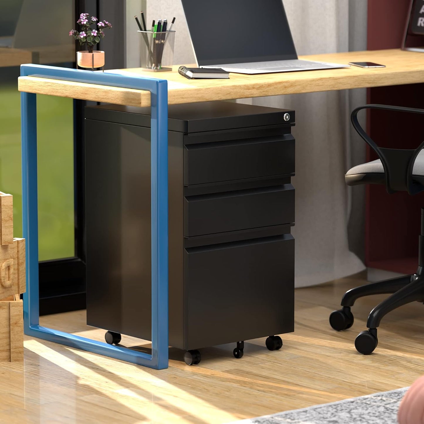 Aobabo Steel 3 Drawer Mobile File Cabinet with Lock, Under Desk Metal Filing Cabinet, 23.6''H A4/Legal/Letter Size Fully Assembled Except Wheels, Black