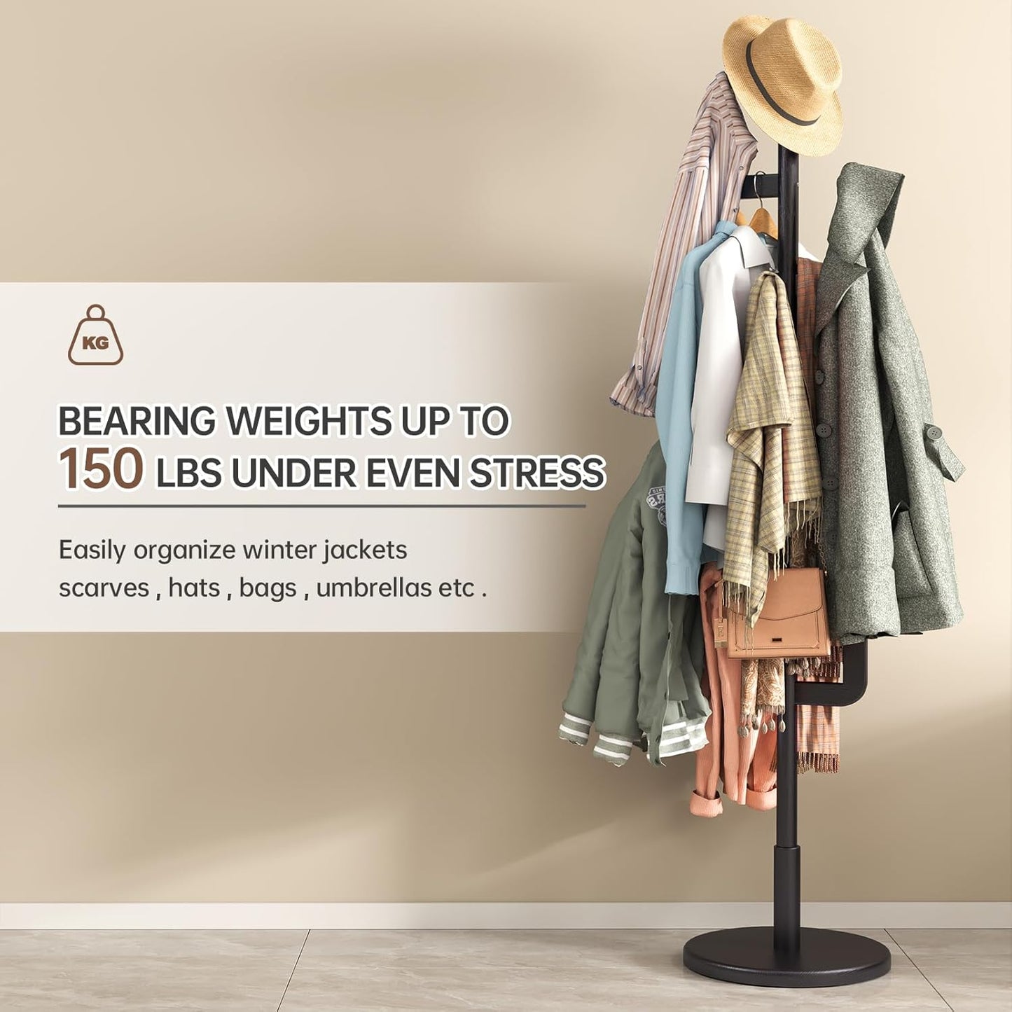 Solid Wood Cactus Coat Rack, Freestanding Coat Rack With 6 L-Shaped Hooks and 3 Adjustable Sizes, Coat Tree for Bedroom, Entryway, Livingroom, Coat Hanger Stand for Coats, Handbags (Black)