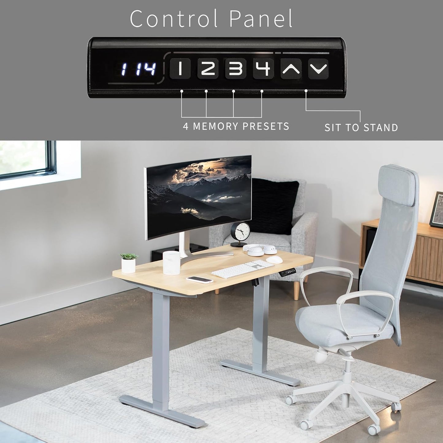 VIVO Electric 43 x 24 in Standing Desk, Memory Height Adjustment, 1B Series, One-Piece Light Wood Top, Gray Frame, DESK-KIT-1G4C