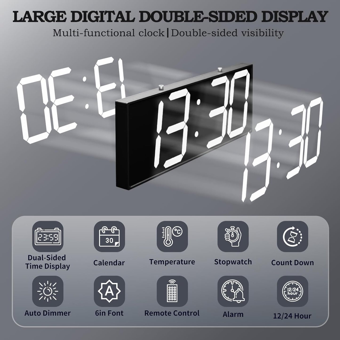 19.5'' Large Digital Wall Clock with Double Sided Display,Multi-Functional LED Hanging Digital Clock with Adjustable Brightness,Suitable for Offices, Warehouses, Corridors (White)