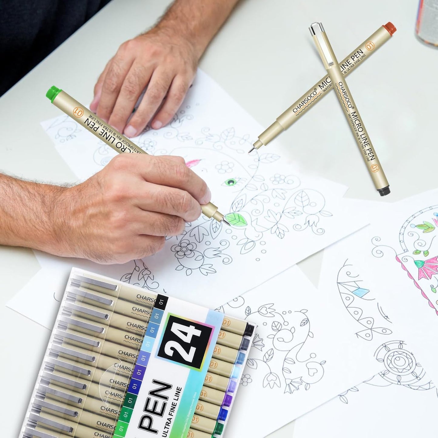 01 Micro Pen, Fine Point Pen with 24 Colors, Waterproof Archival Ink, 0.25mm Fineliner Ink Pens for Artist Illustration, Sketching, Anime, Manga, Technical Drawing and Scrapbooking