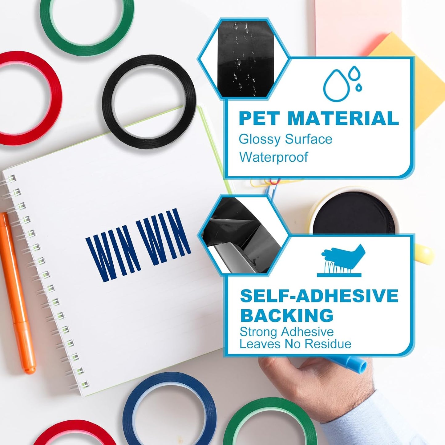 MECCANIXITY Whiteboard Tape 3/8" x 72 Yard Pinstripe Graphic Chart Line Grid Marking Tapes for Classroom Office Dry Erase Board Art, Black, Pack of 3