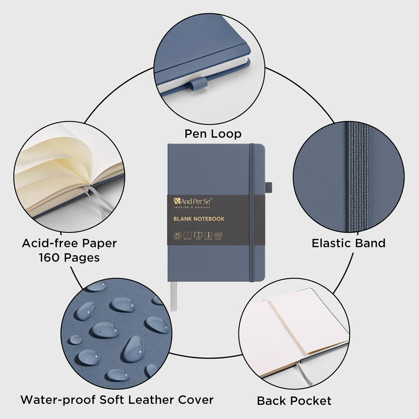 &And Per Se Blank Journal Notebook, 160 Pages, 5.7 x 8 inches College Ruled Thick Paper Notebook Journals for Writing, Hardcover Notebook(1 Pack, dark blue)