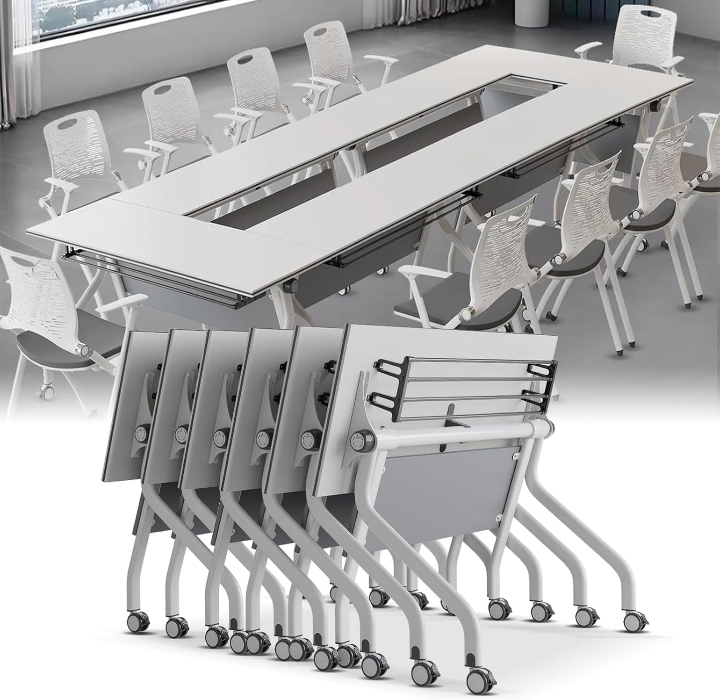 Conference Table,Folding Conference Tables Modern White Conference Room Table with Wheels, 2-10 Persons,for Office, Meeting Room (6, 1606YH, 47IN)