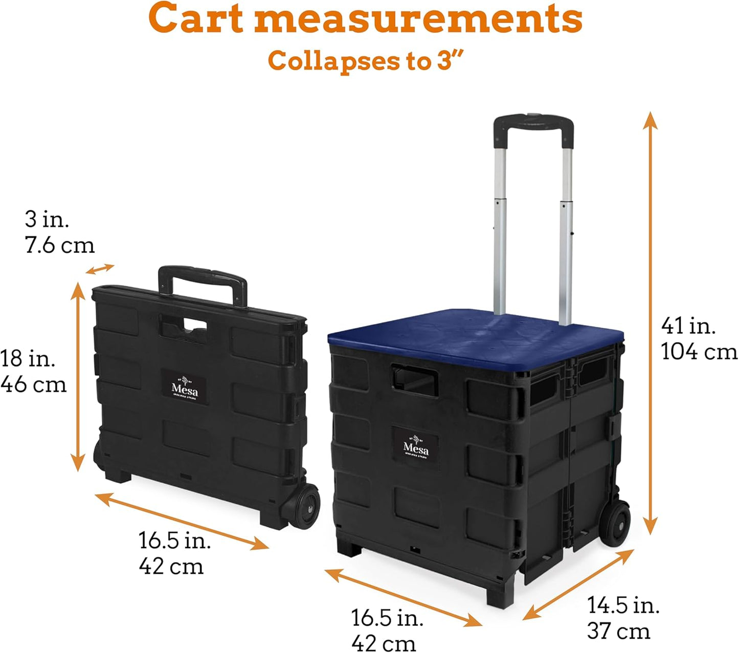 Inspired Living Collapsible Ultra-Slim Pack-N-Roll,2 Wheel Utility Cart w/Lid Used as Seat up to 250 Lbs, Telescopic Handle - Super Strong, for Home, Garden, Shopping, Office, School use, Large, Blue