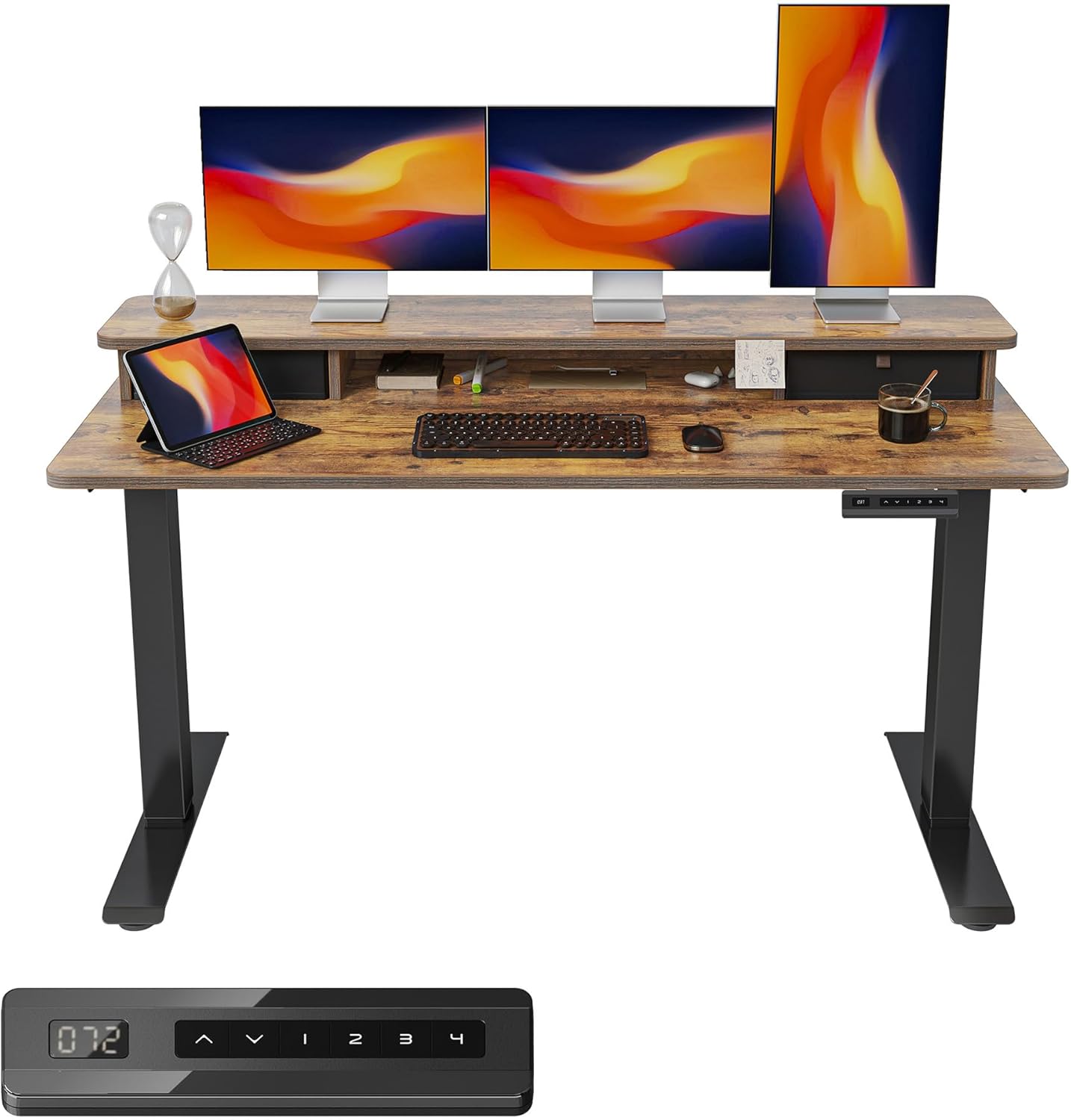FEZIBO 63 x 28 Inch Deeper Height Adjustable Electric Standing Desk with Double Drawers, Sit Stand Up, Home Office Computer Desk with 4 Height-Adjustable Feets & 2 Hooks, Black Frame/Rustic Brown Top