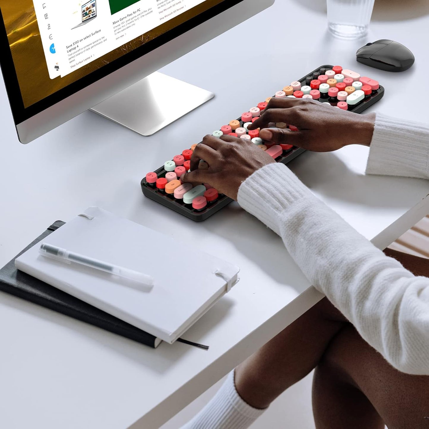 Wireless Keyboard and Mouse Combo, 104 Keys Full-Sized 2.4 GHz Round Keycap Typewriter Keyboards, USB Receiver Plug and Play, for Windows, Computer, PC, Laptop, Desktop (Black Colorful)