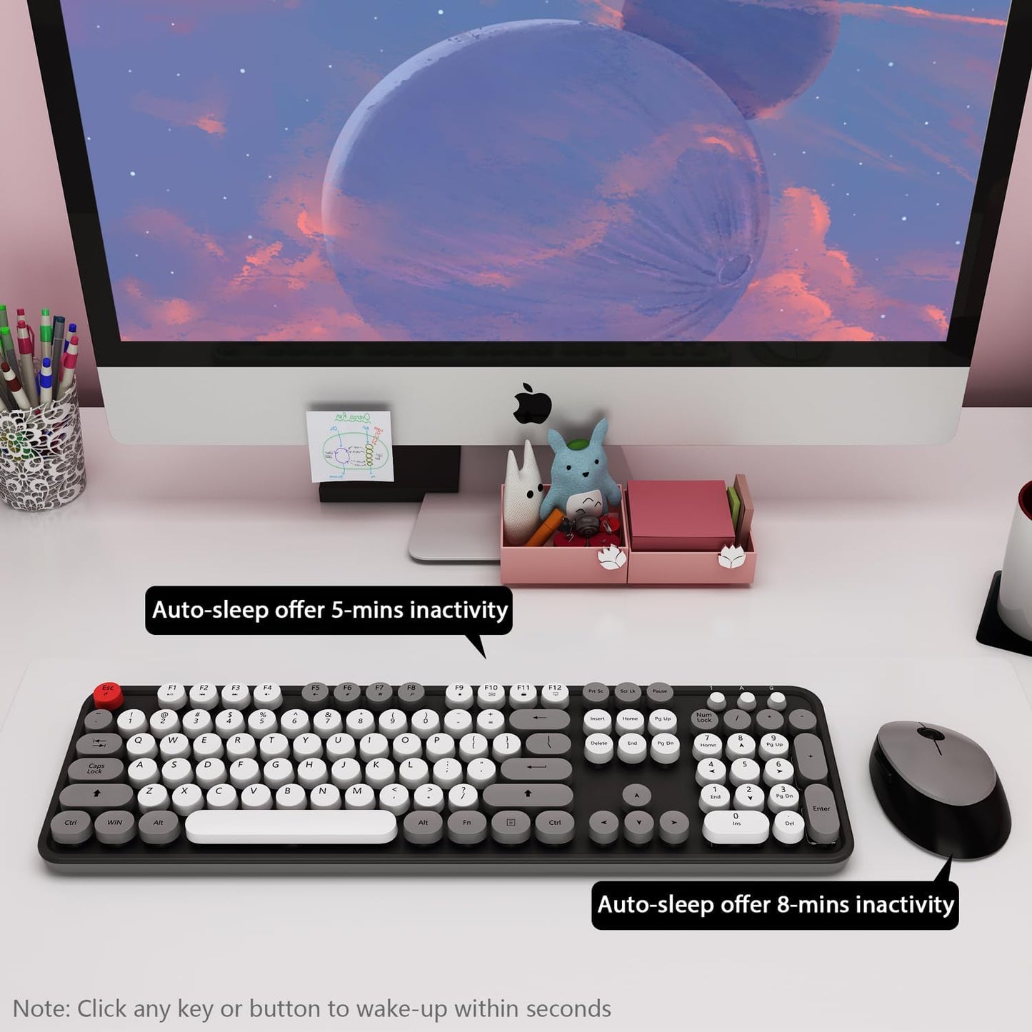 Wireless Keyboard and Mouse, KOOTOP Cute Keyboard and Mouse, 2.4G Wireless Keyboard with Retro Round Keycap for PC, Mac, Laptop,Tablet,Computer Windows (Grey)