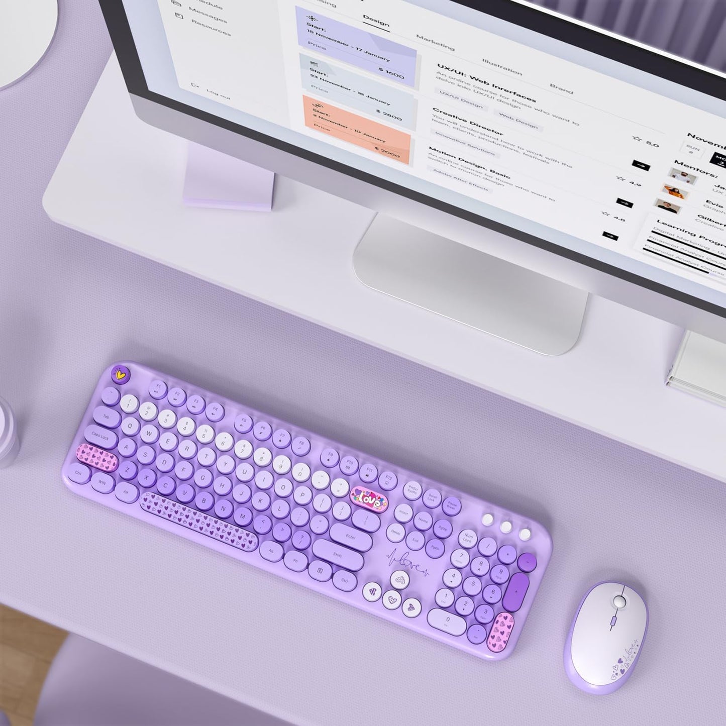 Wireless Keyboard and Mouse Combo, Full Size Retro Keyboard with Number Pad and 2 in 1 USB Connected Mouse for Windows 7/8/10, Laptop, Desktop, PC, Computer (Purple Colorful)