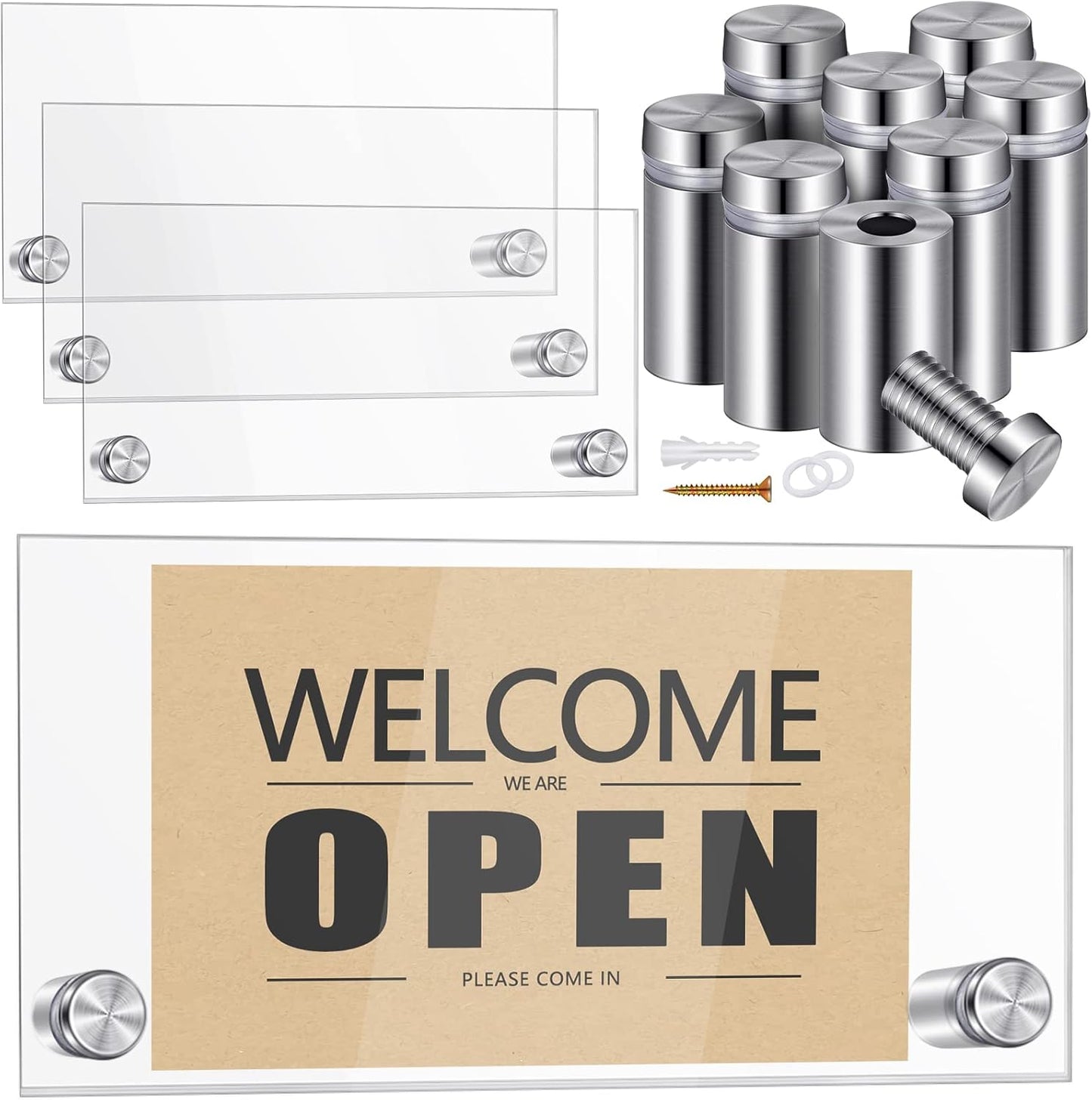 Demissle 8 Sets Clear Acrylic Wall Name Plate Holders Office Door Mount Name Plate Holder with Stainless Steel Standoff Screws for Office Home Store Restaurant (6 x 3 Inch)