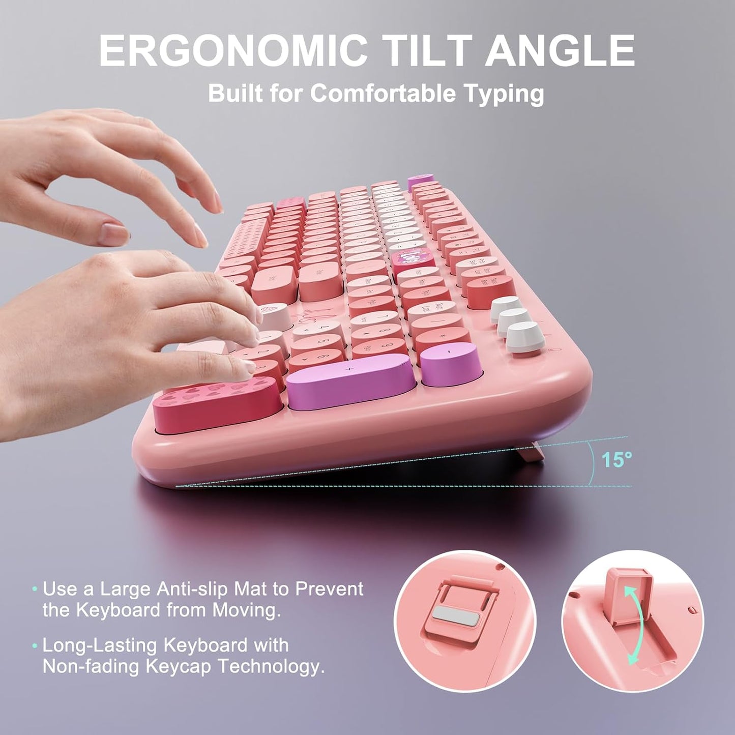 FOPETT Wireless Keyboard and Mouse Combo - 2.4G Full-Sized Cute Colorful Retro Keyboard with Round Keycaps 104 Keys Typewriter Keyboard for Laptop/Windows/PC-Pink Colorful