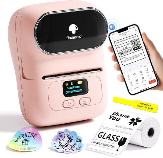 Phomemo Label Printer - M110 Thermal Label Printer Barcode Label Maker Mini Bluetooth Sticker Printer for Small Business, Home, Office, Logo, Address, Name Tag, Clothing, Organizing, Pink