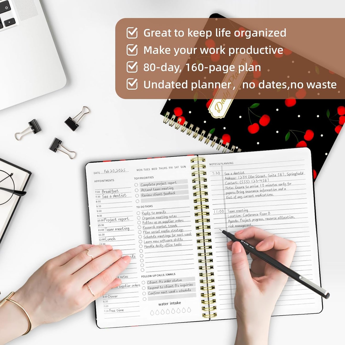 Undated Daily Planner - Spiral Notebook 80 Days One Day Per Page, Hourly Schedule, To-Do List, Notes, Everyday Planning Task, A5 Hardcover Journal Organizer Book Women Cute Aesthetic, Cherry