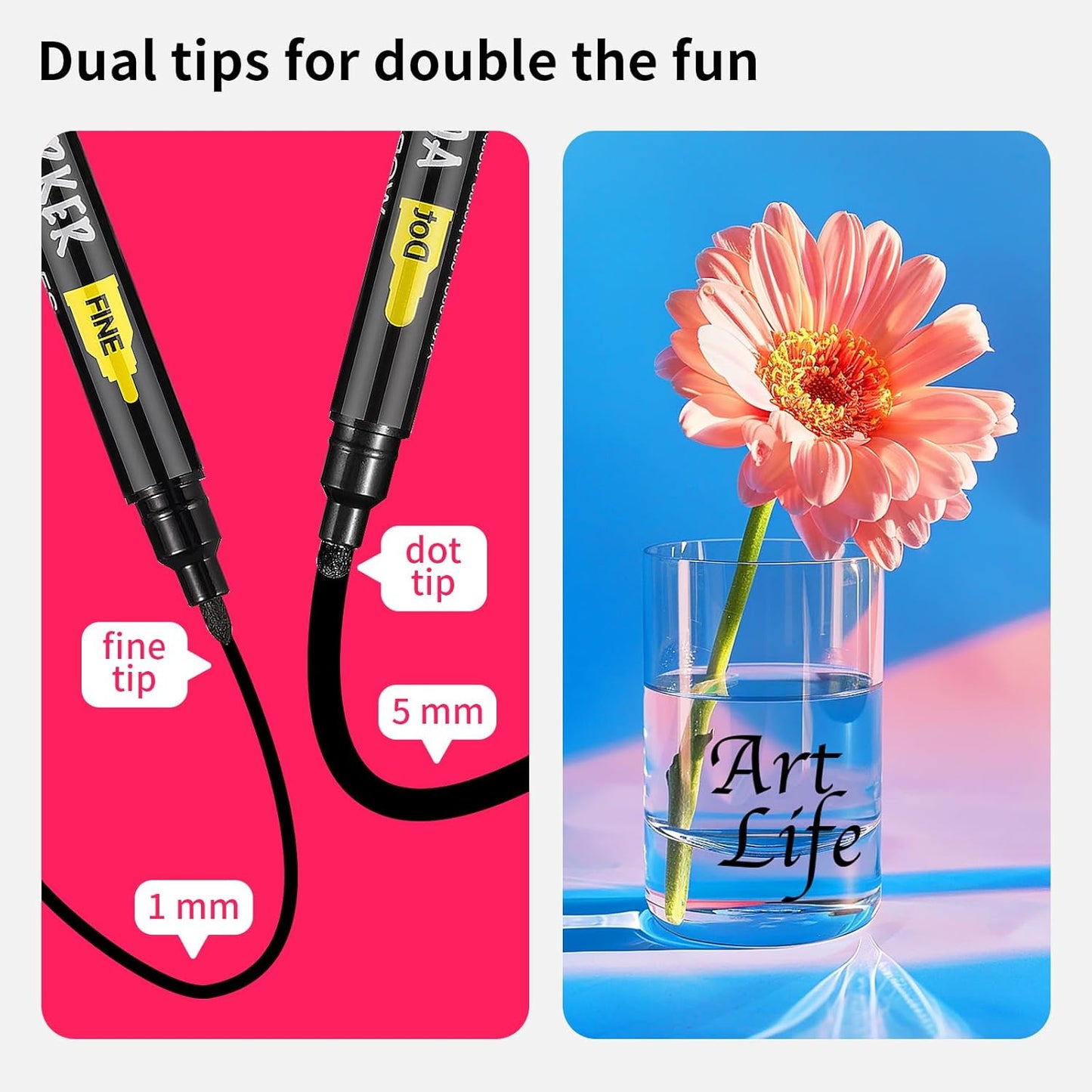 NAWOD 6 Black Acrylic Paint Pens, Acrylic Paint Markers Dual Tip (Fine 1mm + Dot 5mm), Acrylic Permanent Markers for Rock, Fabric, Canvas, Ceramic, Glass, Wood, Paper, Labeling, Drawing, DIY Crafts