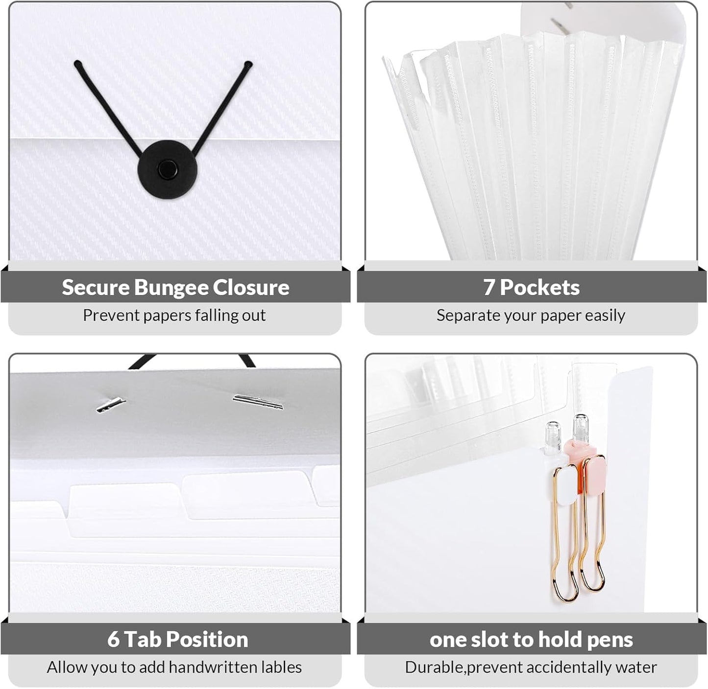 SKYDUE Expanding File Folder with 7 Pockets, Accordion File Organizer, Portable Folders for Documents, School Office Supplies Bungee Closure, Letter/A4 Size White