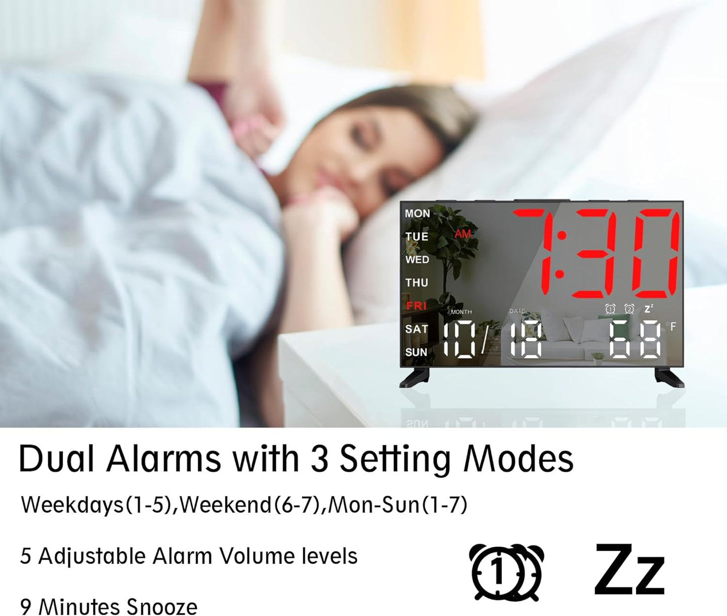Mirror Digital Loud Alarm Clock,Indoor Temperature,USB Charging Port,Dimmer,Dual Alarms,Adjustable Volum,12/24H,Snooze,Perfect for Bedroom and Living Room (Black+Red Digit)