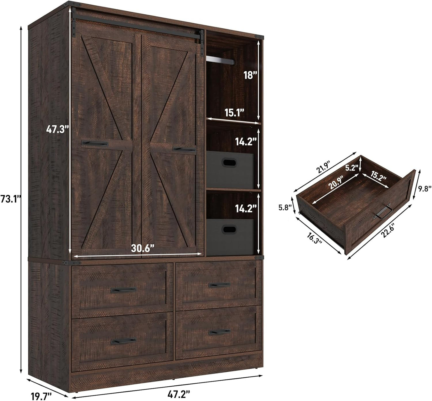 Farmhouse 3 Doors Armoire Wardrobe Closet w/Folding Sliding Barn Door and Lights, LED Armoire Closet w/Drawers for Bedroom, Freestanding Wooden Wardrobe Storage Closets w/Hanging Rod,Rustic Brown
