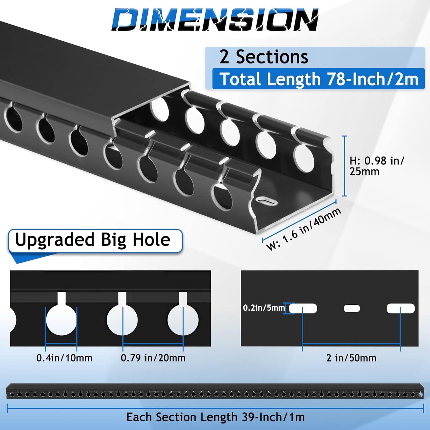 ZhiYo Cable Raceway 78in(2xL39in), Server Rack Cable Management Under Desk Cord Organizer, Electrical Safe PVC Cable Channel Open Slot Wire Raceway for Network/PC/TVs, Wire Duct H1 x W1.6in Black