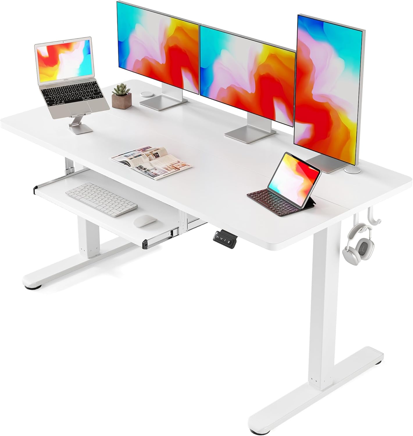 FEZIBO Standing Desk with Keyboard Tray, 60 x 24 Inch Adjustable Height Sit Stand Desk with Memory Presets for Home Office, Ergonomic Computer Workstation, White
